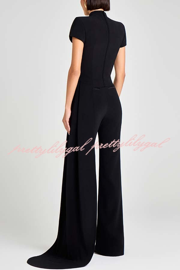Pippa High Neck Short Sleeve Irregular Drape Hem Top and Elastic Waist Flare Pants Set