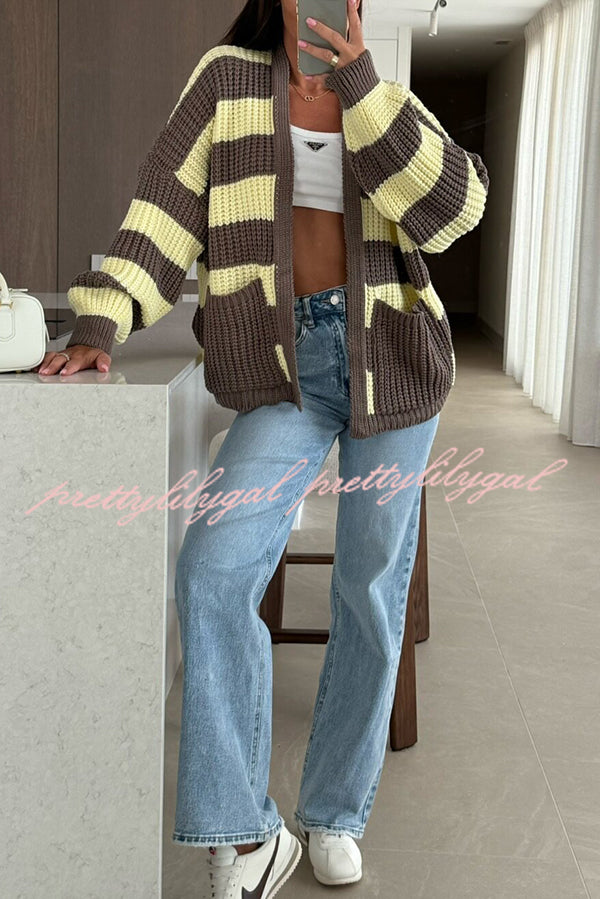 Fashionable Patchwork Striped Casual Pocket Knitted Sweater