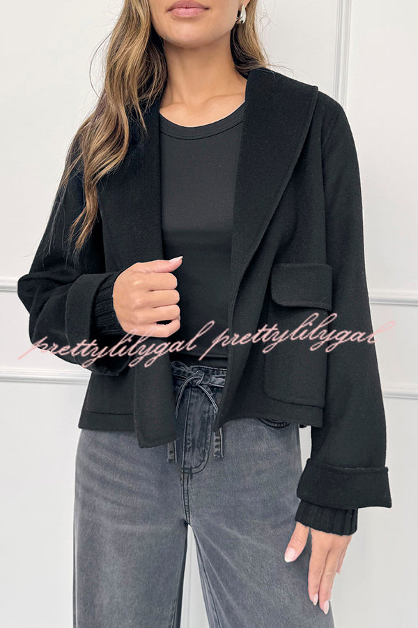 Comfortable Season Shawl Collar Open-front Long Sleeve Flap Pockets Crop Coat