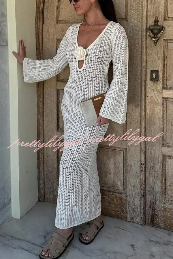 Bahamas Knit Long Bell Sleeve Sexy Backless Holiday Cover-up Maxi Dress