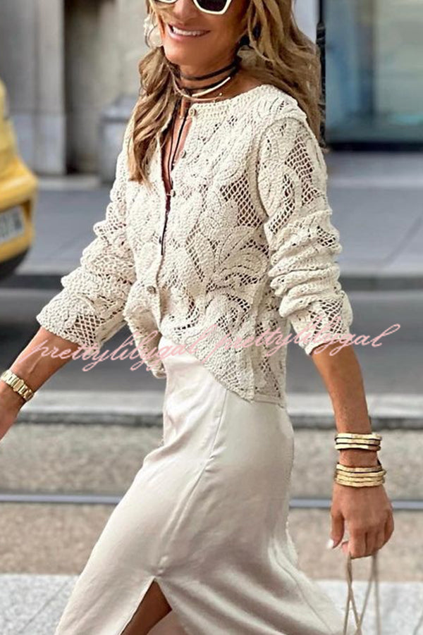 Stylish Knit Hollow Crochet Lace Long Sleeve Shirt Top