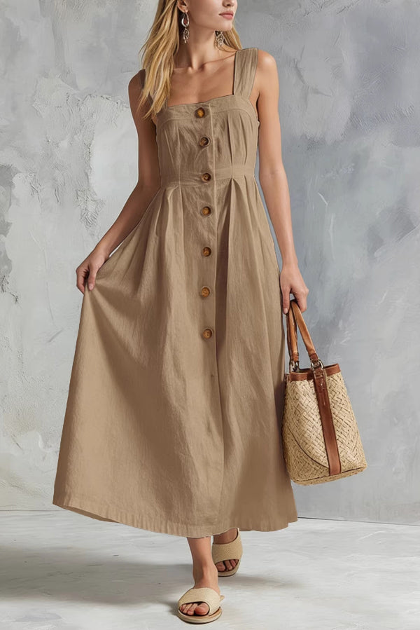 linen blend square neck maxi dress Linen Blend Solid Color Square Neck Sleeveless Button Casual Maxi Dre –  prettylilygal