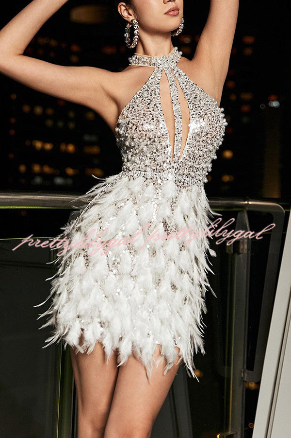 Stylish Sequined Sleeveless Feather-embellished Slim-fit Mini Dress