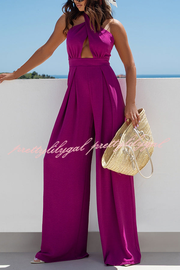 Easy Mode Cross-neck Halter Strap Backless Wide Leg Jumpsuit