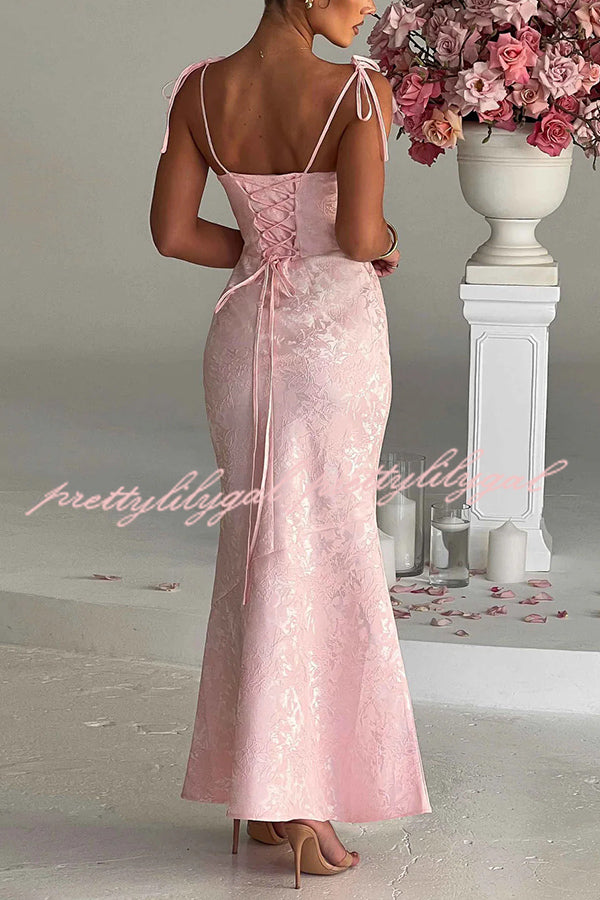 Jacquard Fabric Elegant Suspender Tie Slim Fishtail Maxi Dress
