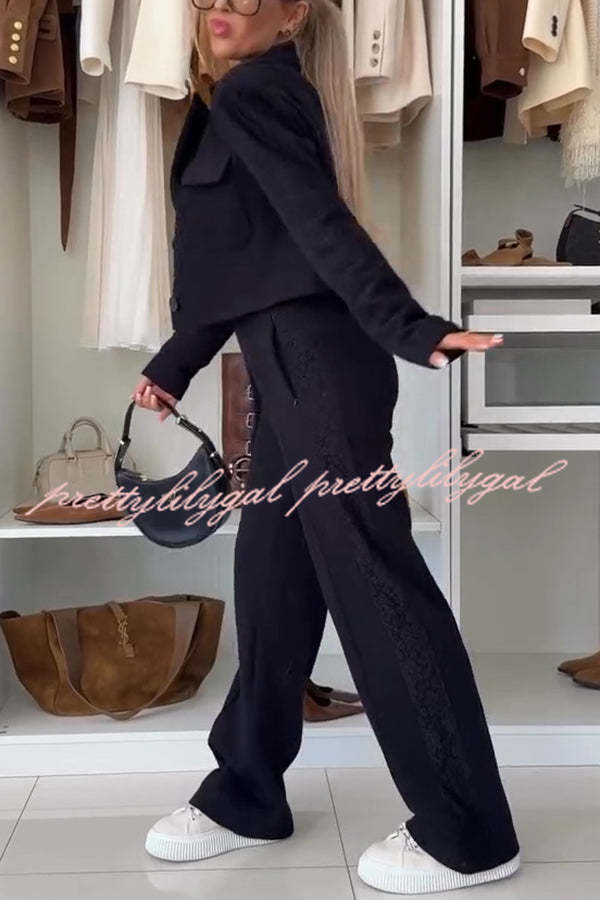Fashion Lace Panel Long-sleeved Crop Top and Elastic Waist Tie Pocket Casual Pants Set