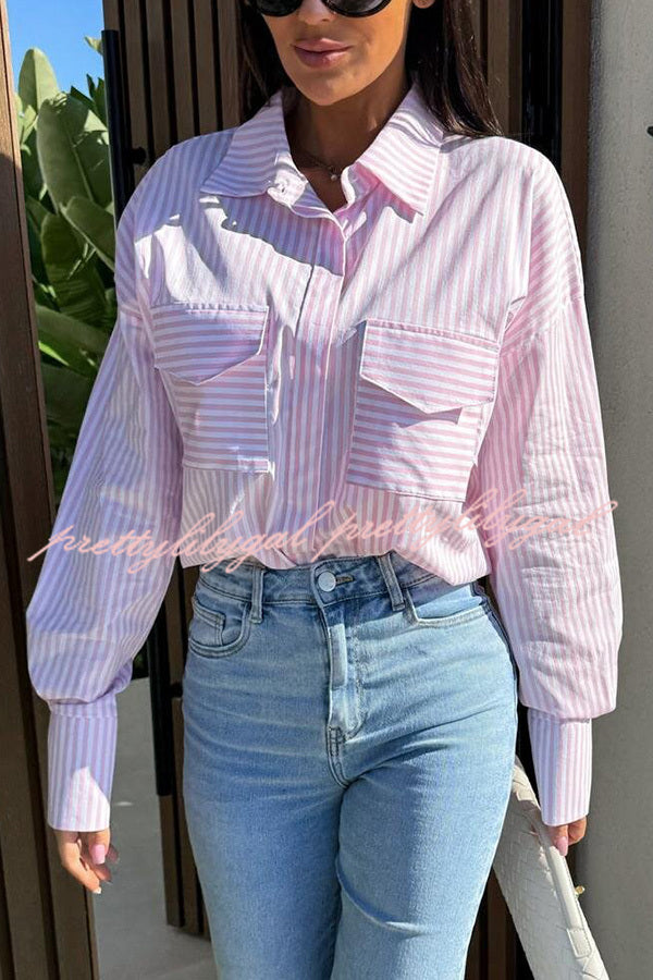 Stripe Print Lapel Long Sleeve Pocket Casual Shirt