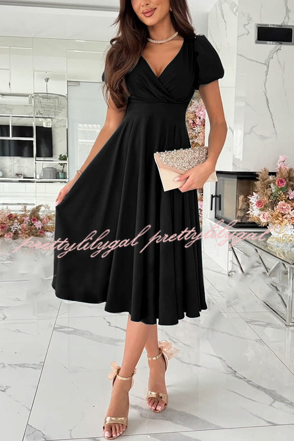 Zayla Solid Color Puff Sleeve V-neck Waist Slim Fit Midi Dress