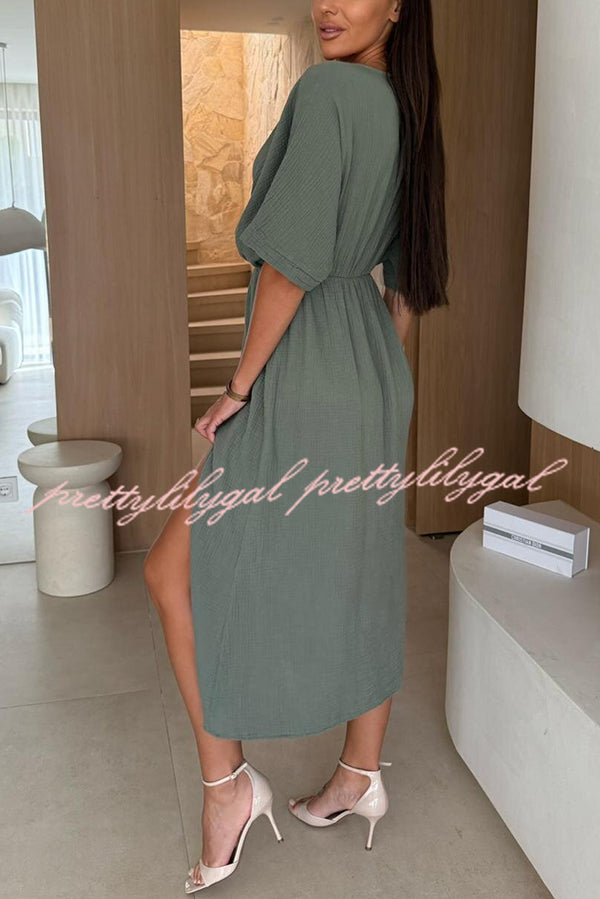 Linen Blend Solid Color V-neck Short Sleeve Waist Loose Slit Midi Dress