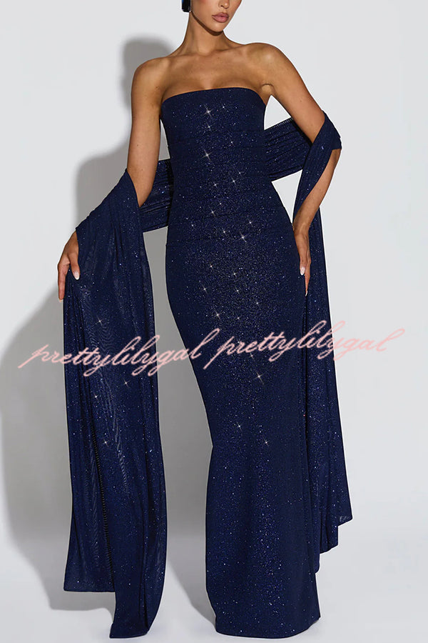 Pandra Glittery Crepe Fabric Off Shoulder Ruched Slit Cape Maxi Dress