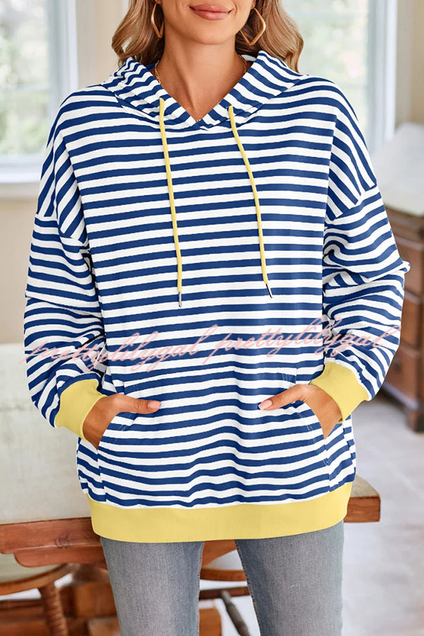 Striped Print Long Sleeve Pocket Loose Hoodie