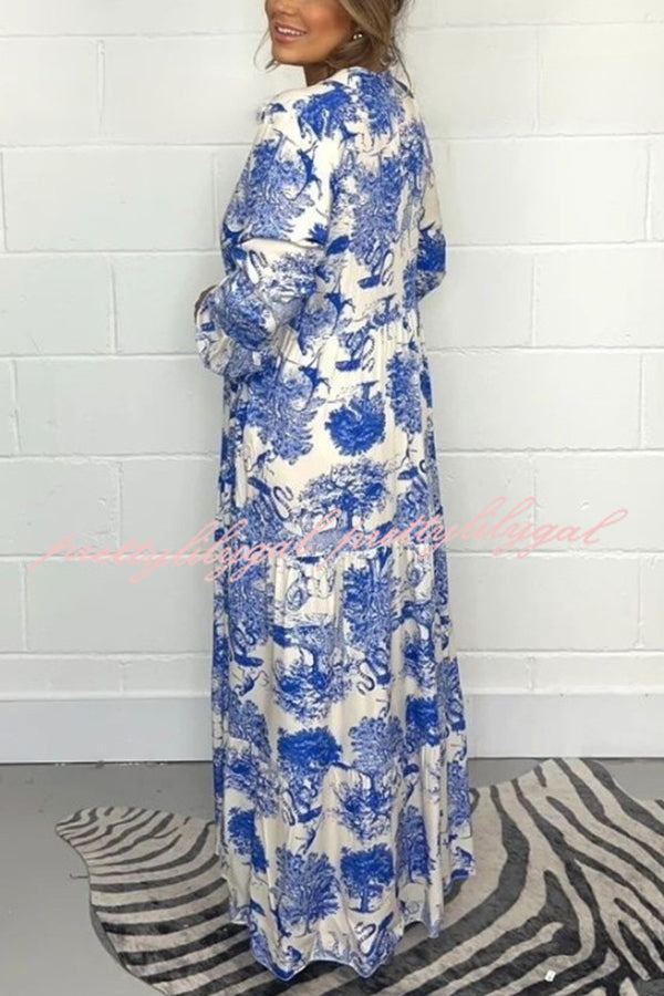 Botanical Print Casual V-neck Trumpet Sleeve Maxi Dress