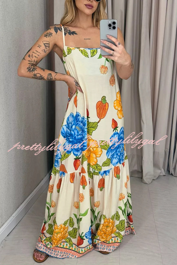 Floral Print Halter Back Loose Pocket Full Hem Maxi Dress