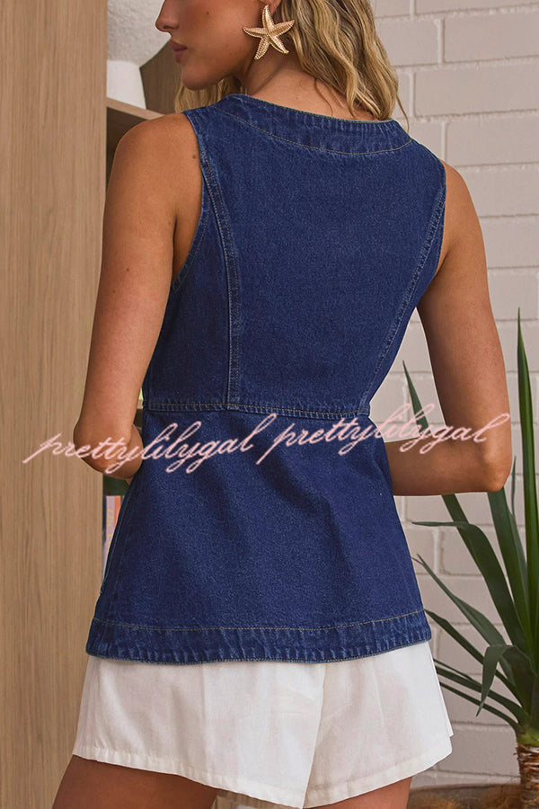 Fashionable Casual Slim Fit Button Pocket Denim Vest