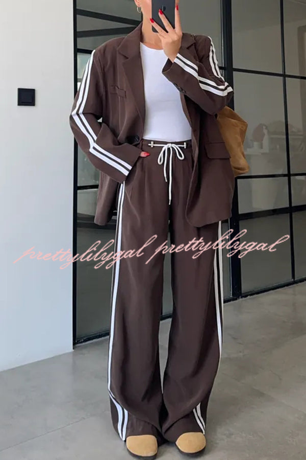 Levvie Striped Trim Long Sleeve Lapel Blazer and Rope Belt Pocketed Wide Leg Pants Set