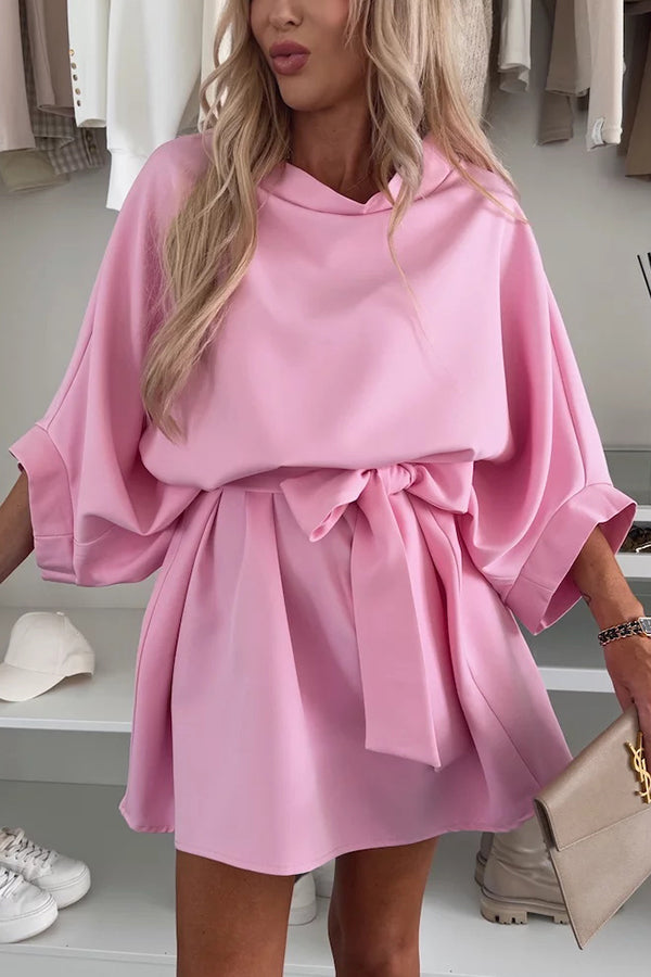 Solid Color Loose Round Neck Belted Mini Dress
