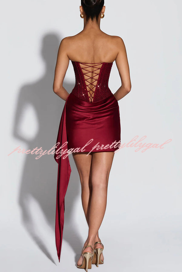 Party Entrance Sequin Corset Ruched Satin Ruffle Hem Strapless Mini Dress