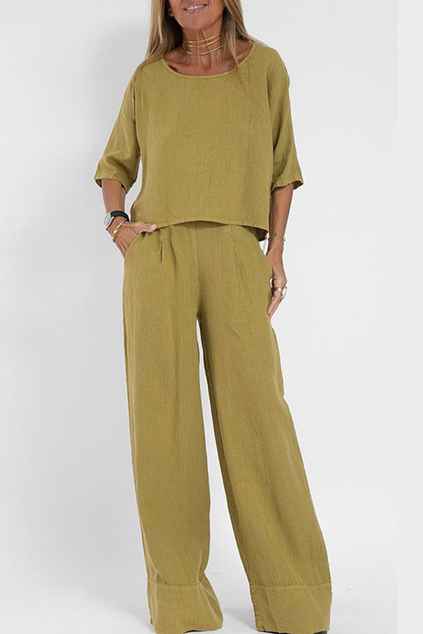 Linen Blend Solid Color Casual Round Neck Top and Loose Wide-leg Pants Set