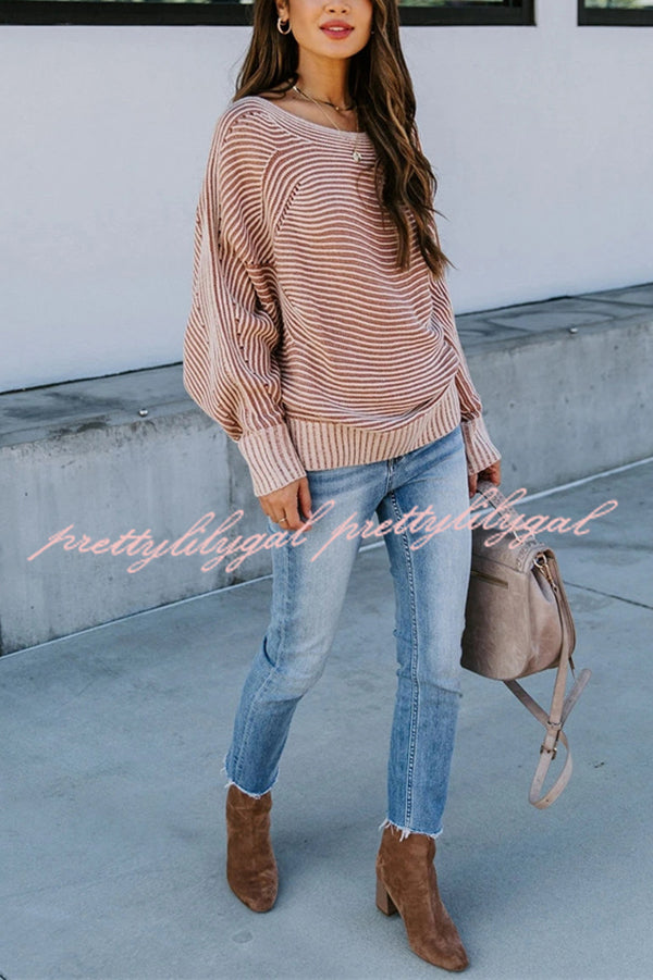 Knitted Striped Round Neck Dolman Sleeve Casual Loose Sweater