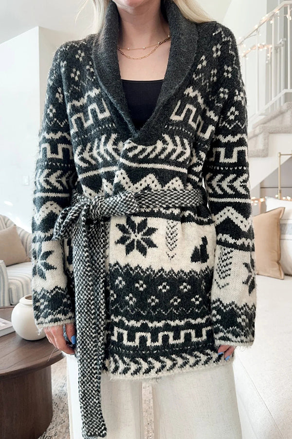 Winter Snowflake Waist Tie Lapel Midi Pocket Knit Cardigan