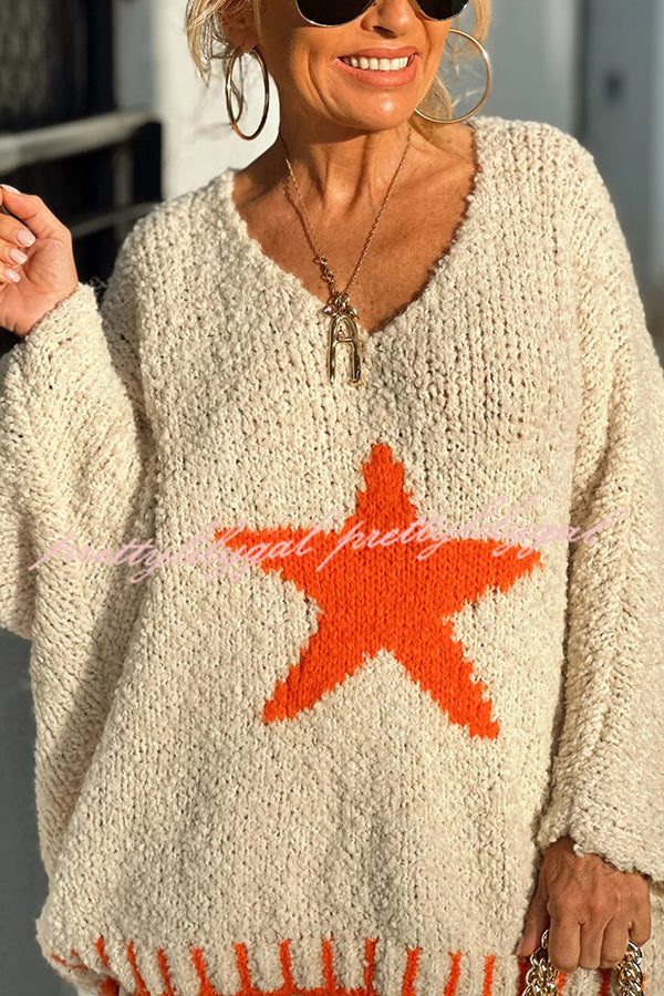 Warm Winter Day Texture Knit Star Pattern Contrast Color Loose Sweater