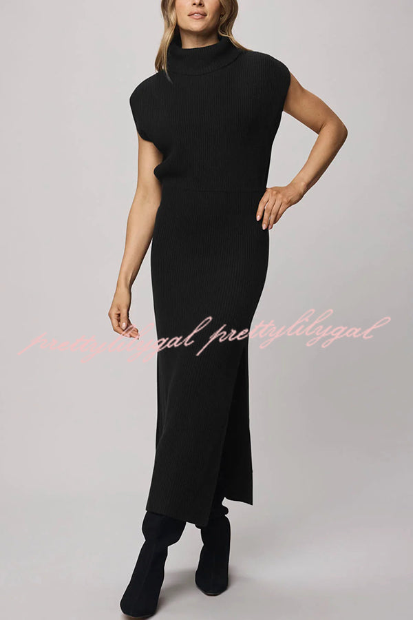 Solid Color Sleeveless Knitted Elegant Waist Midi Dress