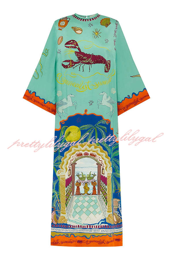 Satin Unique Print Long-sleeve Tie-waist Slit Maxi Dress