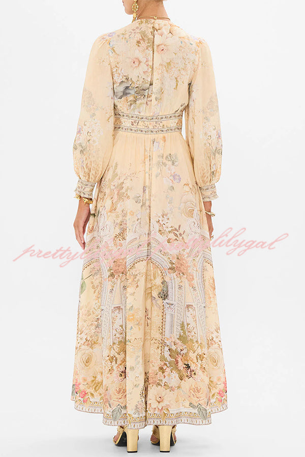 Fairy Tale Print V-Neck Lantern Sleeve Waist Maxi Dress