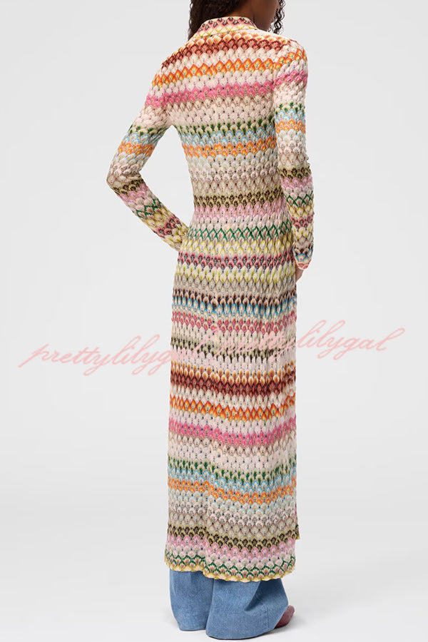 Anna Knit Colorful Herringbone Print Shirt Neck Button Long Sleeve Slim-fit Long Cardigan