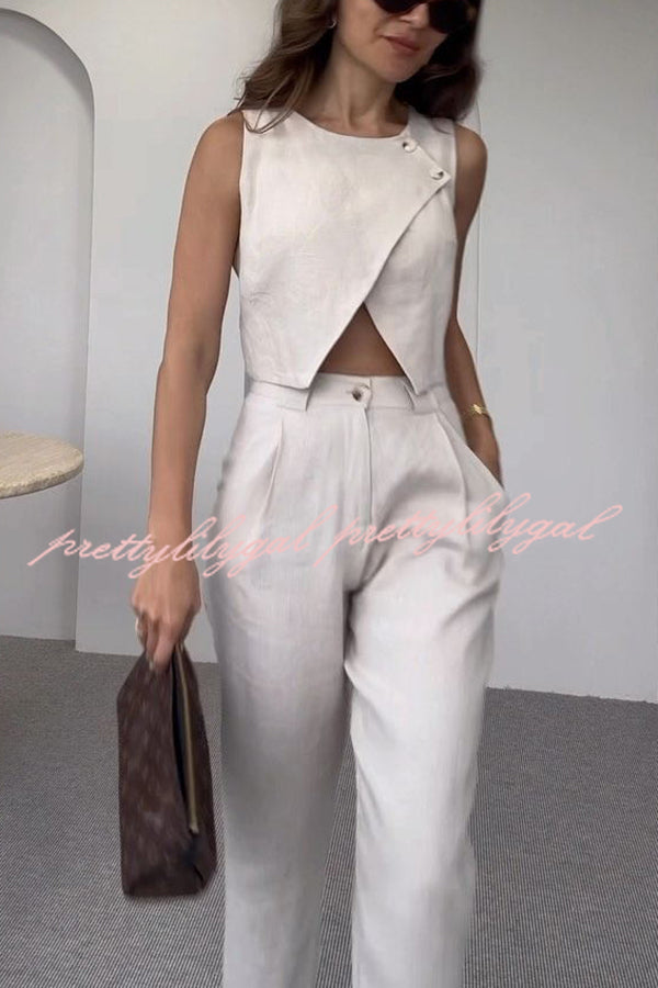 Balvin Linen Blend Cross Button Neck Crop Vest and High Rise Pocketed Pants Set