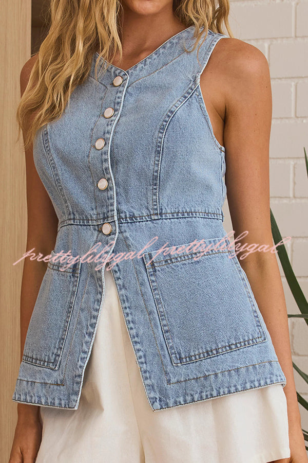 Fashionable Casual Slim Fit Button Pocket Denim Vest