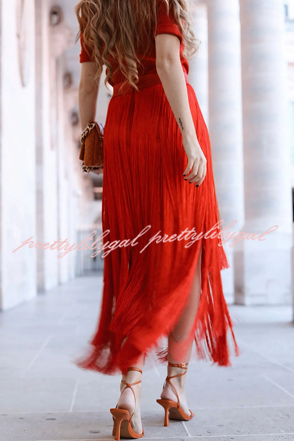 Elegant Tassel Hem Elastic Waist Casual Maxi Skirt