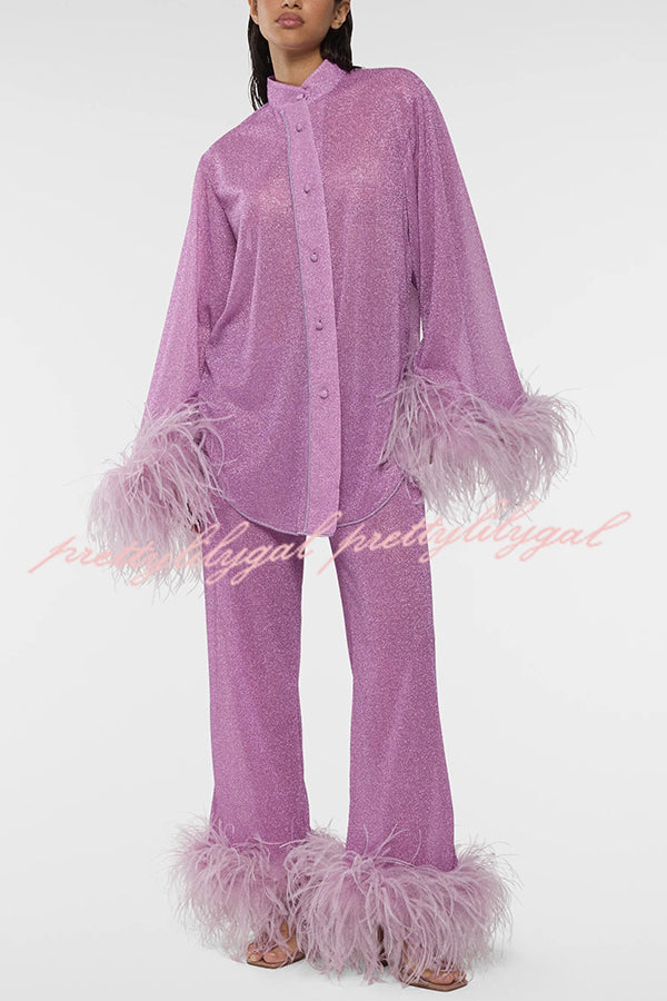 Glitter Fabric Feather Trim Long Sleeve Button Top and Elastic Waist Loose Straight Pants Set