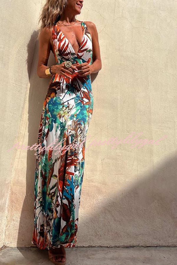 Rainforest Paradise Tropical Print Cutout Back Crossover Stretch Maxi Dress