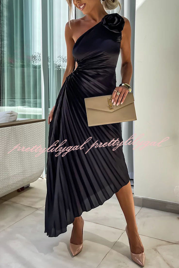 Romantic Nights Satin Raised Flower Elastic Cutout One Shoulder Pleated Maxi Dress