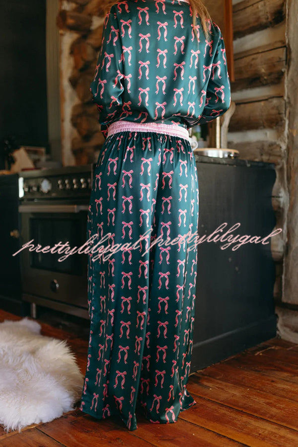 Satin Bow Print Long sleeve Loose Shirt and Elastic Waist Tie Loose Pants Set