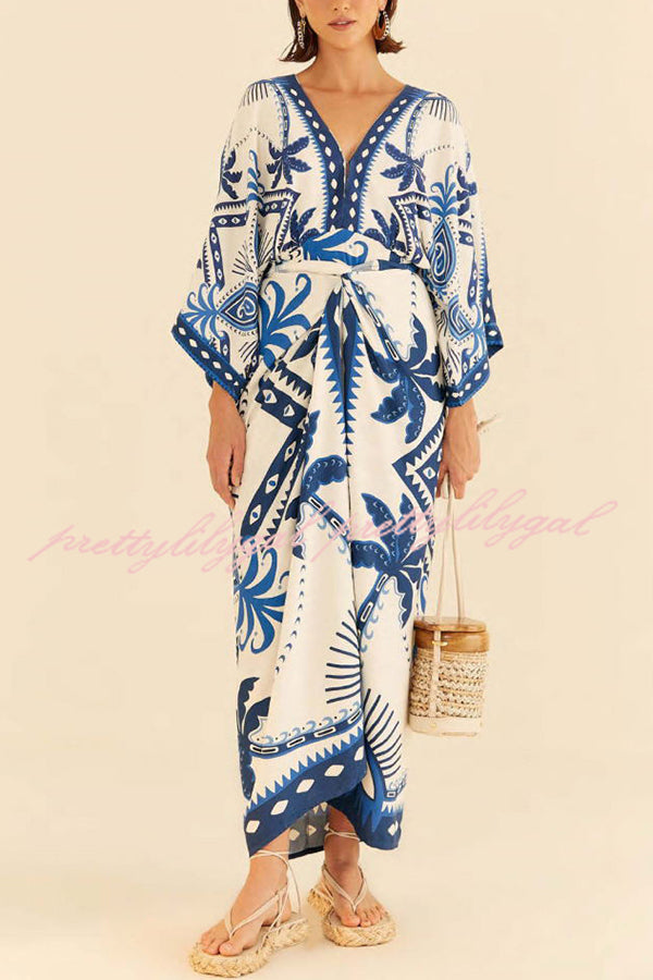 Chic Palm Tree Ethnic Print Fake Two Piece Lace Up Maxi Dress