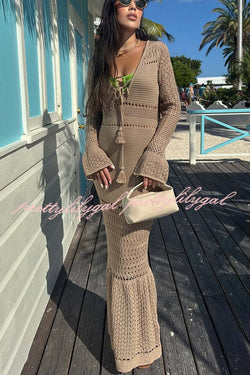 Ellora Knit Hollow Texture Tie-up Long Sleeve Fishtail Stretch Maxi Dress