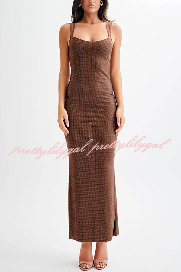 Midnight Fantasy Sequin Mesh Shoulder Strap Open Back Stretch Maxi Dress