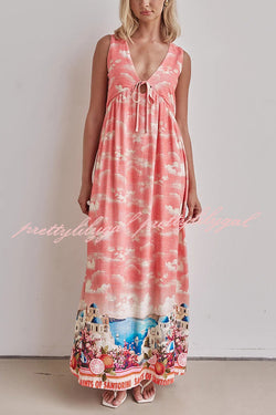 Resort Style Unique Printed Sleeveless V-neck Casual Maxi Dress