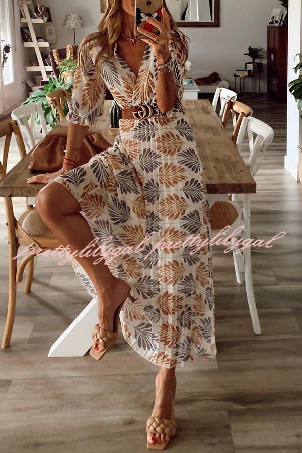 Botanical Print Pleated Long Sleeved Maxi Dress