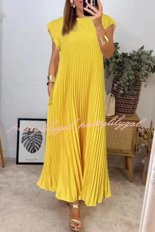 Solid Color Round Neck Sleeveless Pleated Large Hem Maxi Dress