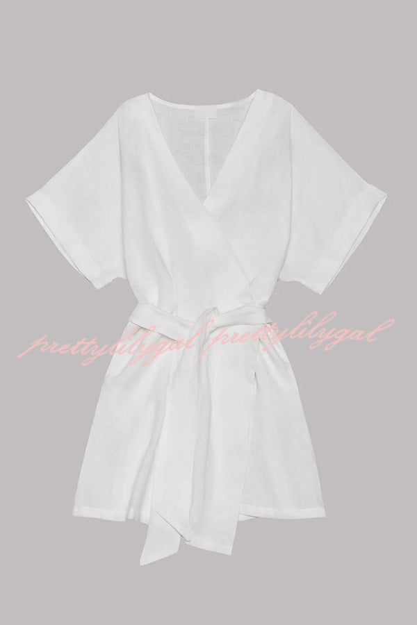 Breezy Retreat Cotton Linen Blend Pocketed Belt Kimono Mini Dress