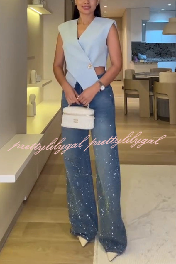 Fashion Star Rhinestone High Rise Casual Pocket Straight Loose Jeans