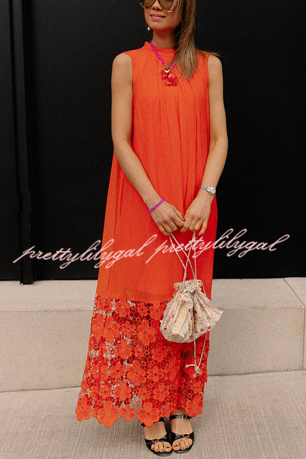 Breezy Comfort Tie-up Neck Sleeveless Floral Lace Hem Maxi Dress