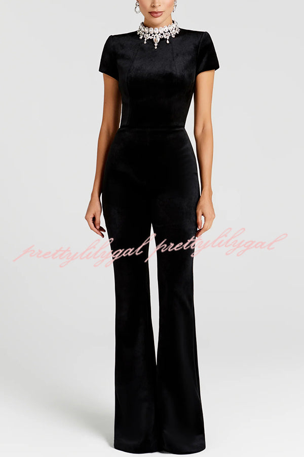Lucia Luxurious Velvet Jewel-encrusted Turtleneck Short Sleeve Flare Stretch Jumpsuit