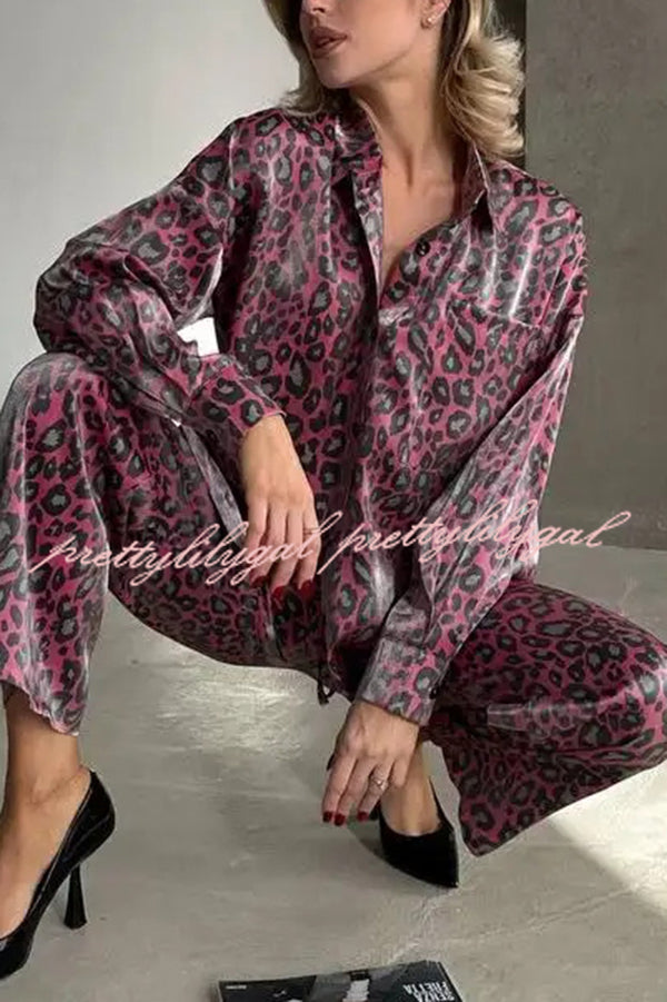 Leopard Print Long-sleeved Casual Top and Loose Elastic Waist Tie Pants Set