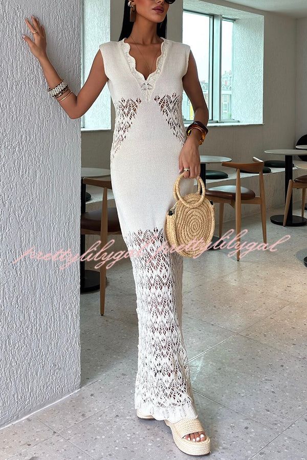 Solid Color Hollow Knitted V-neck Slim Fishtail Maxi Dress