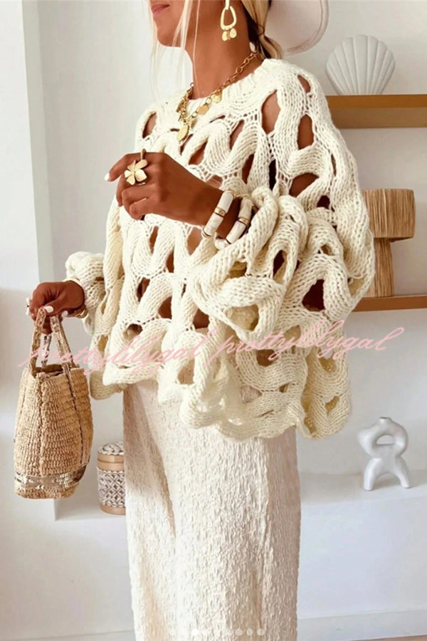 Solid Color Casual Hollow Long-sleeved Holiday Knitted Sweater