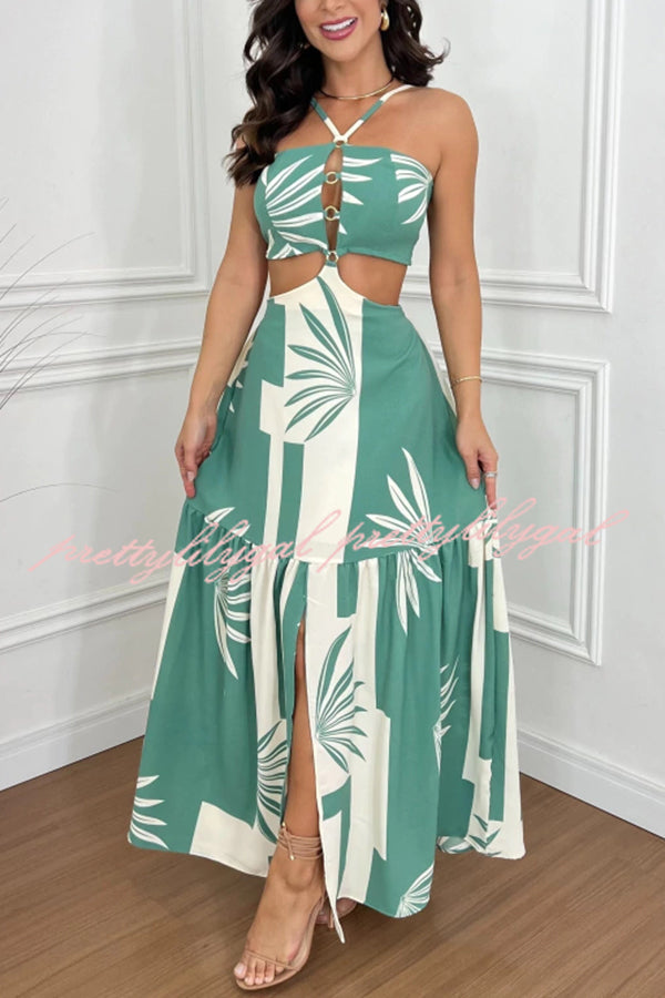 Farrier Printed Front Hollow Ring Design Cutout Slit Maxi Dress